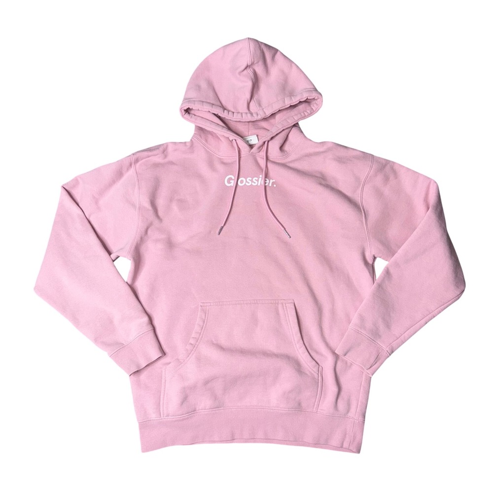 Glossier‎ Hoodie Pullover Unisex Medium Pink Good Embroidered Logo Fleece Pocket